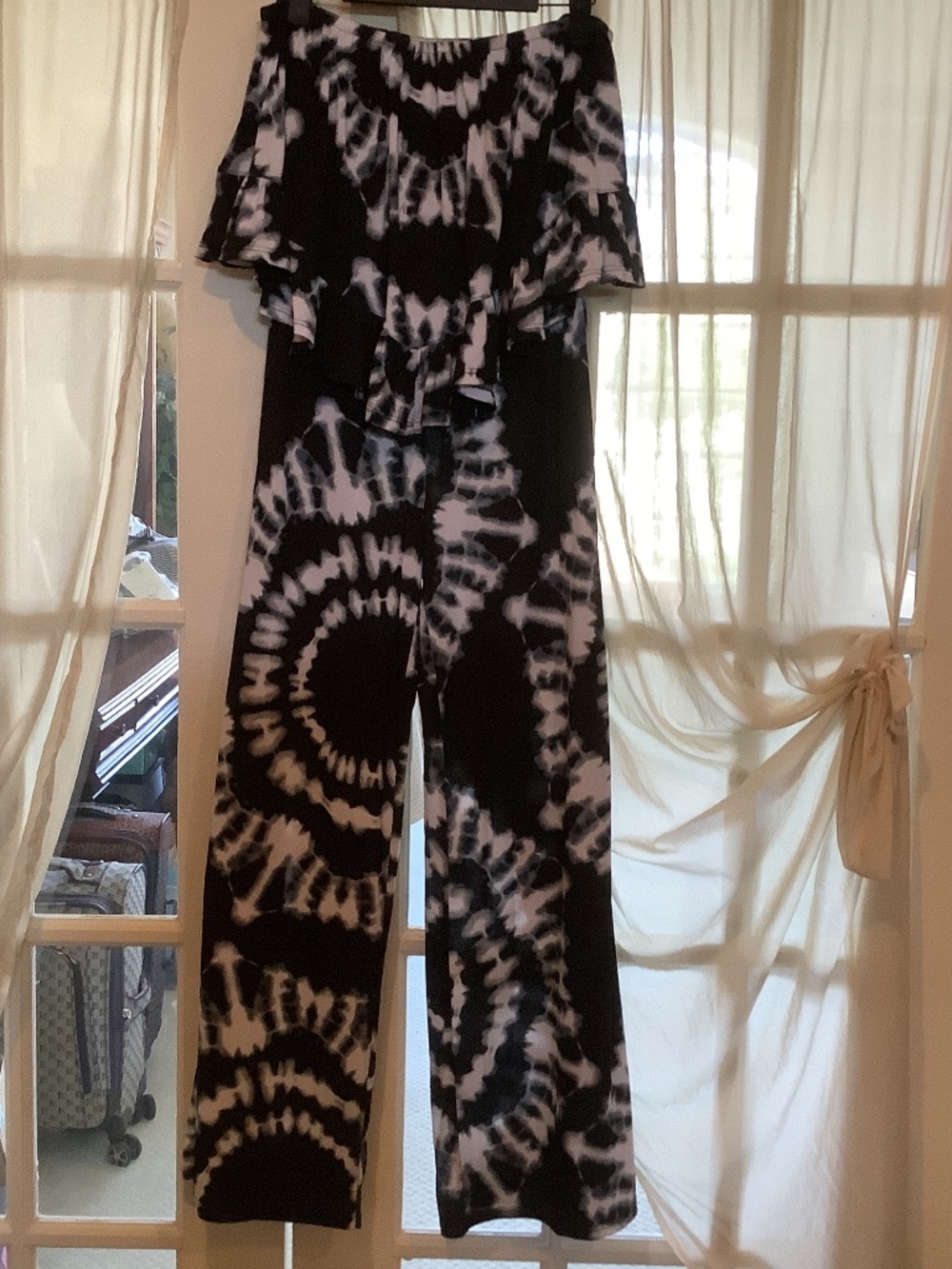 Tie Dye strapless wide leg jumpsuit with ruffled overlay size Xs
